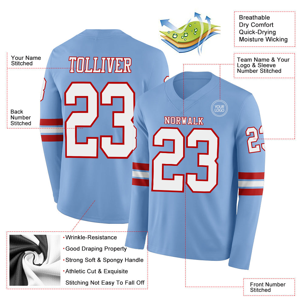 Custom Light Blue White-Red Long Sleeve Authentic Football Jersey