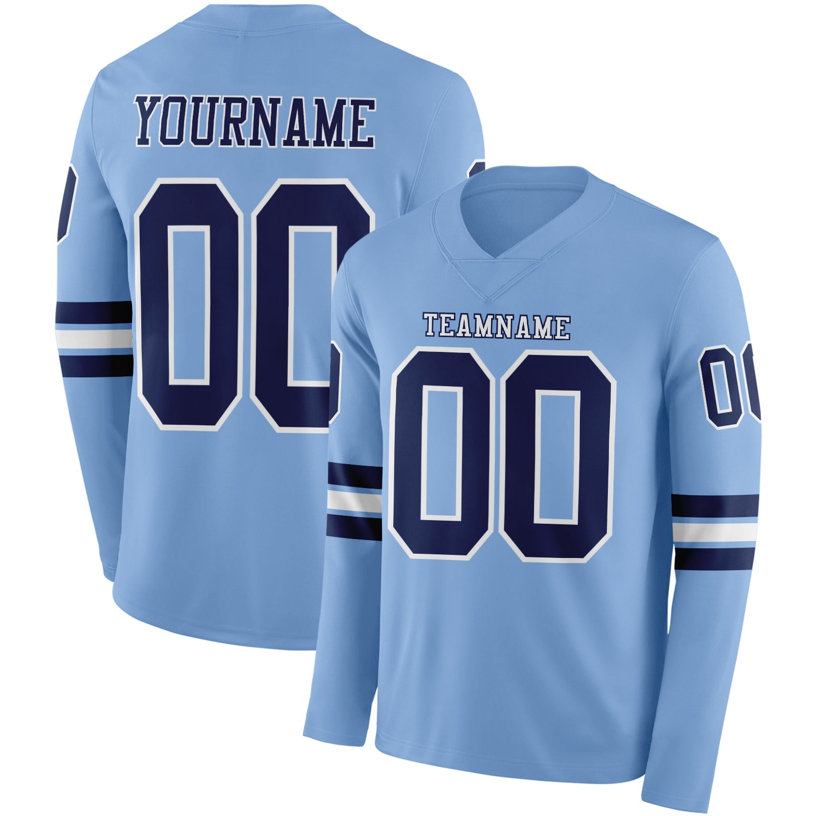 Custom Light Blue Navy-White Long Sleeve Authentic Football Jersey