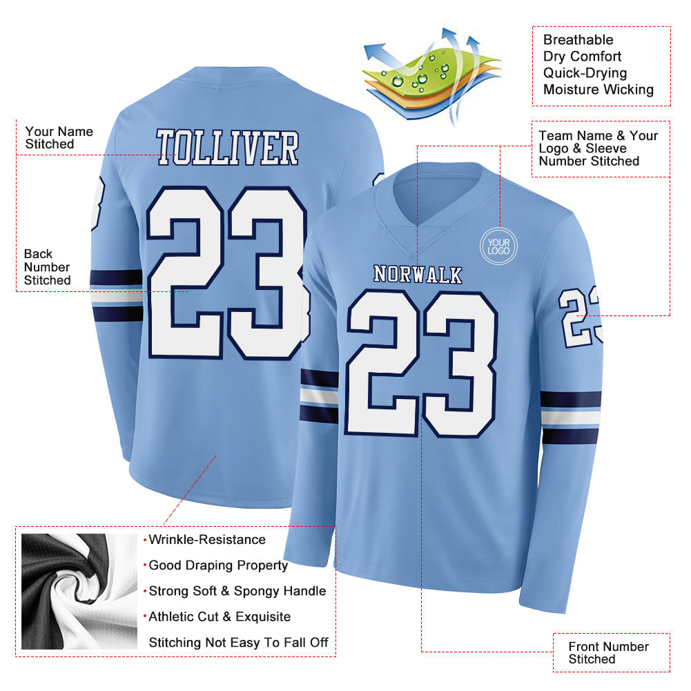 Custom Light Blue White-Navy Long Sleeve Authentic Football Jersey
