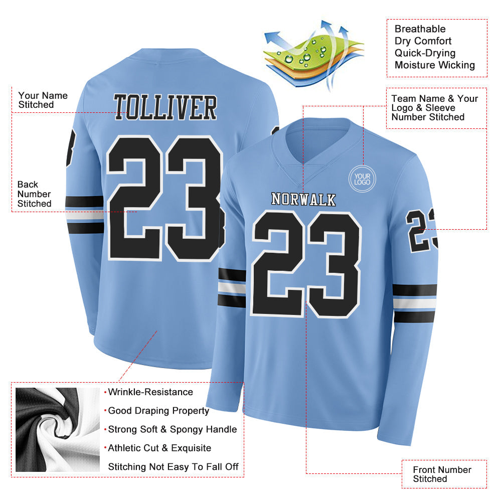 Custom Light Blue Black-White Long Sleeve Authentic Football Jersey