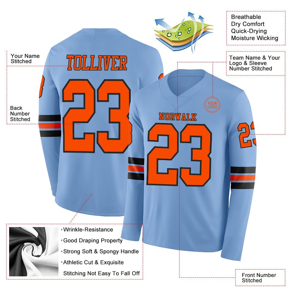 Custom Light Blue Orange-Black Long Sleeve Authentic Football Jersey