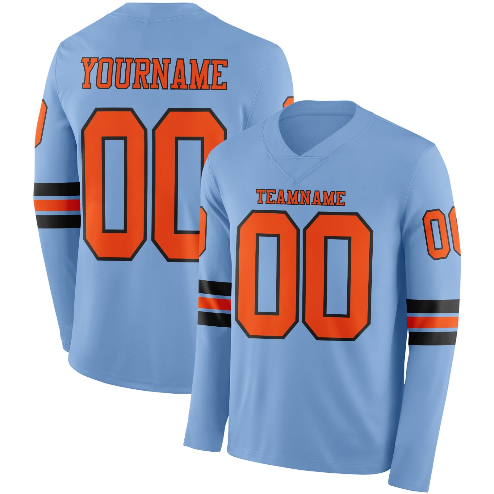 Custom Light Blue Orange-Black Long Sleeve Authentic Football Jersey
