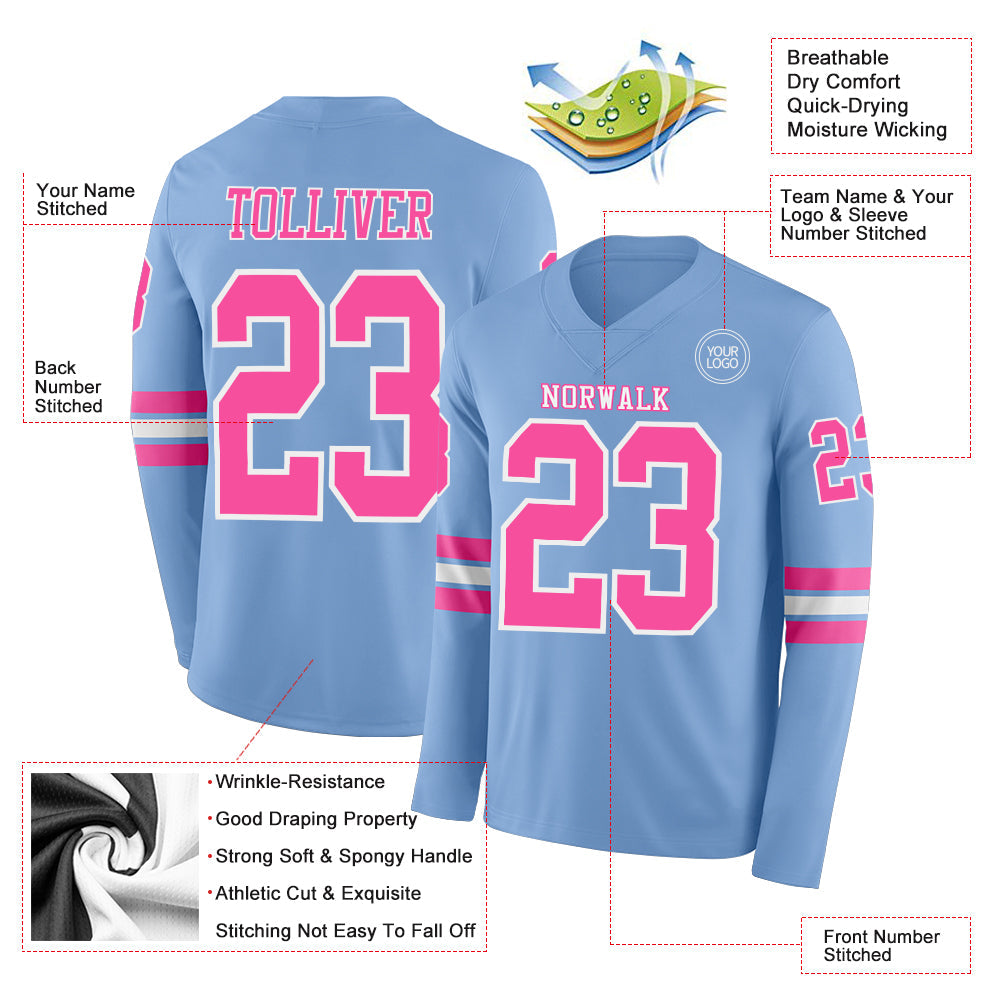 Custom Light Blue Pink-White Long Sleeve Authentic Football Jersey