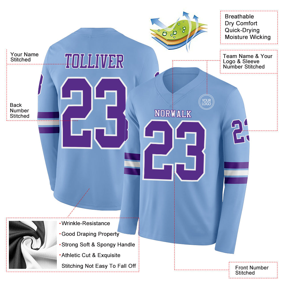 Custom Light Blue Purple-White Long Sleeve Authentic Football Jersey