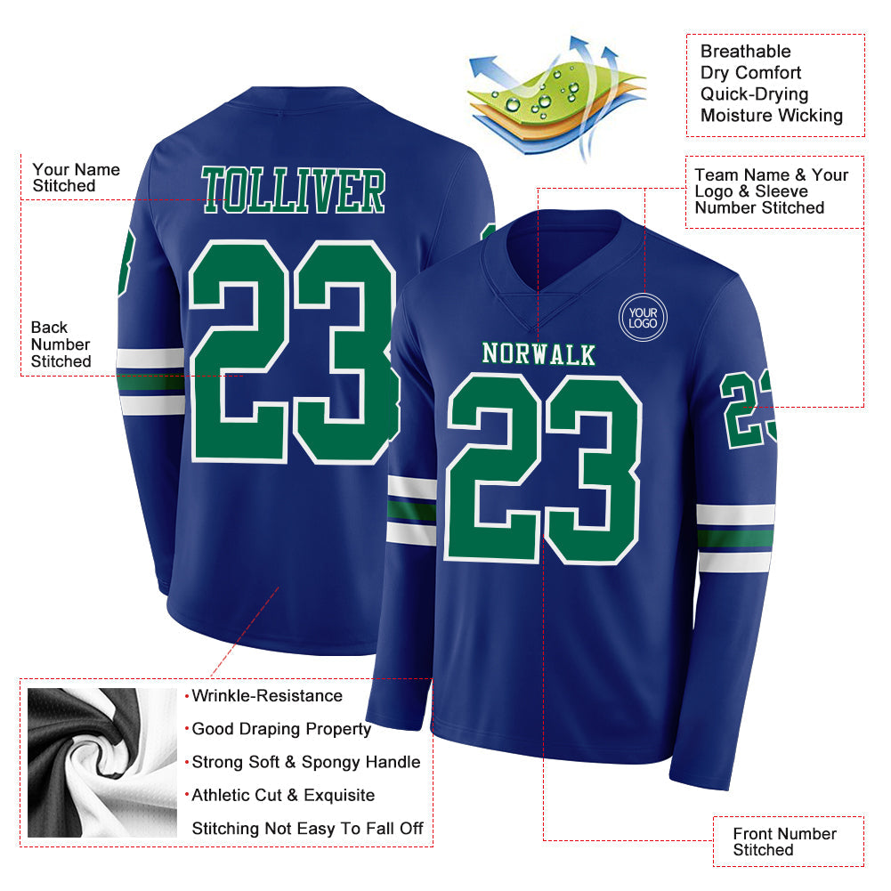 Custom Royal Kelly Green-White Long Sleeve Authentic Football Jersey