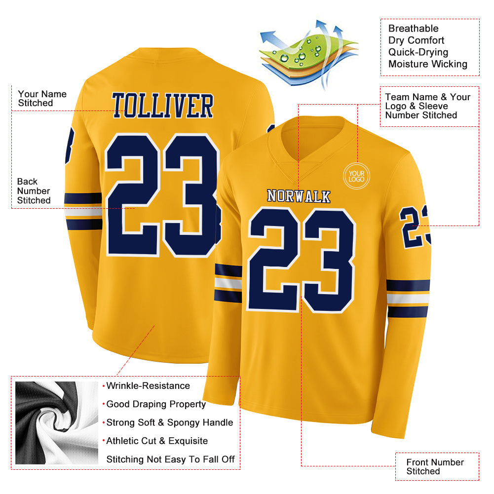 Custom Gold Navy-White Long Sleeve Authentic Football Jersey