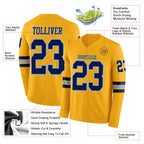 Custom Gold Navy-Light Blue Long Sleeve Authentic Football Jersey