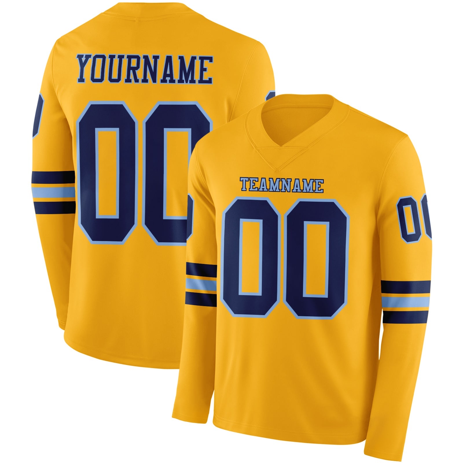 Custom Gold Navy-Light Blue Long Sleeve Authentic Football Jersey