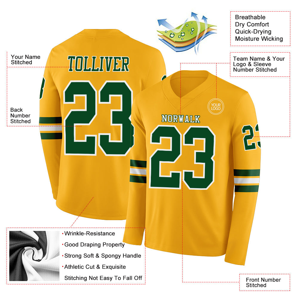 Custom Gold Green-White Long Sleeve Authentic Football Jersey