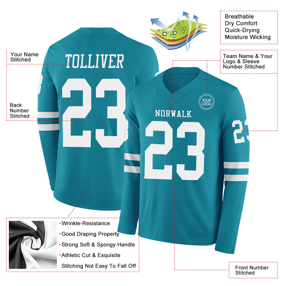 Custom Teal White Long Sleeve Authentic Football Jersey