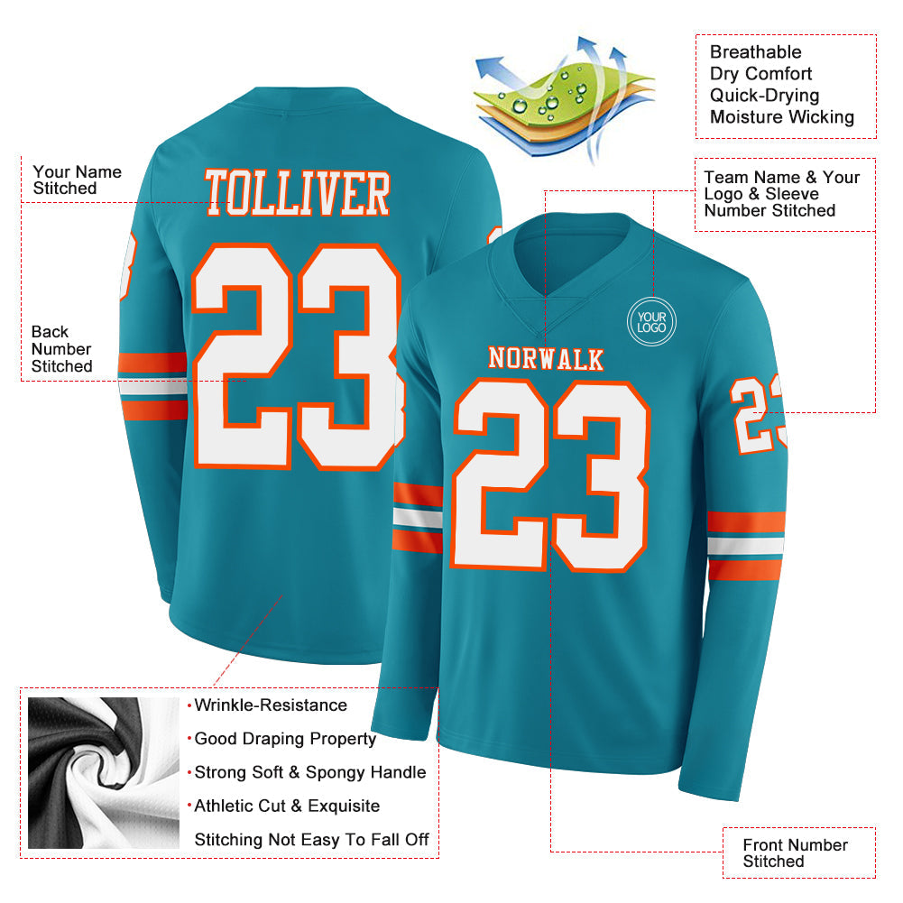 Custom Teal White-Orange Long Sleeve Authentic Football Jersey