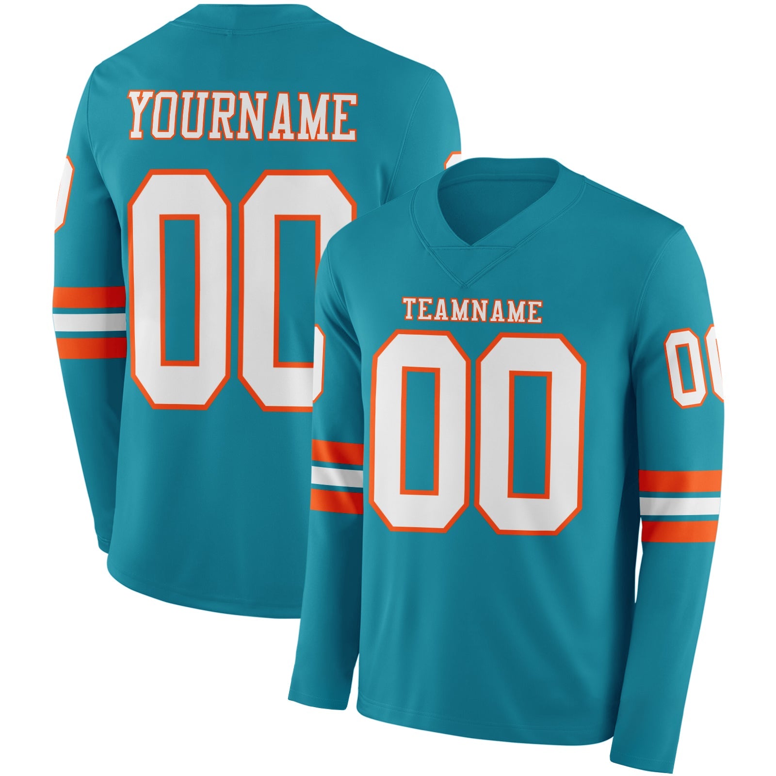 Custom Teal White-Orange Long Sleeve Authentic Football Jersey