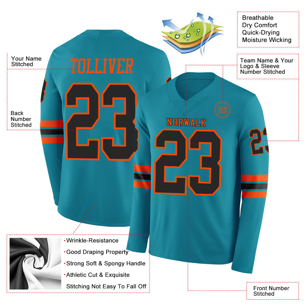 Custom Teal Black-Orange Long Sleeve Authentic Football Jersey