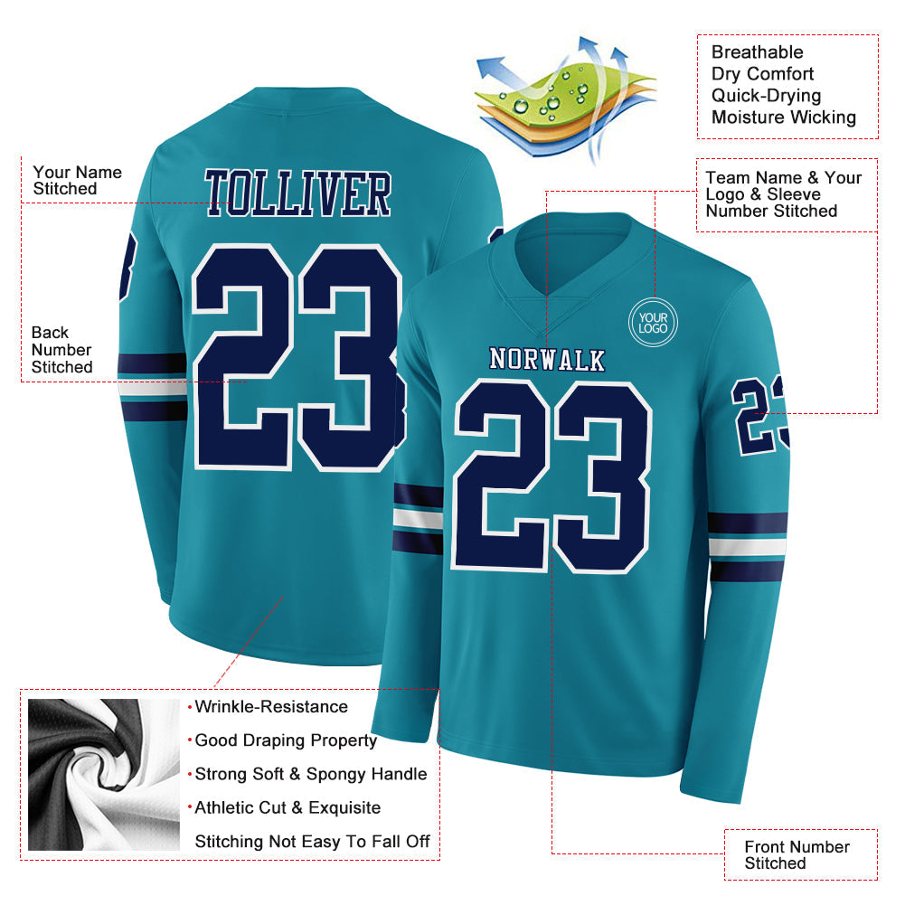 Custom Teal Navy-White Long Sleeve Authentic Football Jersey