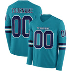 Custom Teal Navy-White Long Sleeve Authentic Football Jersey
