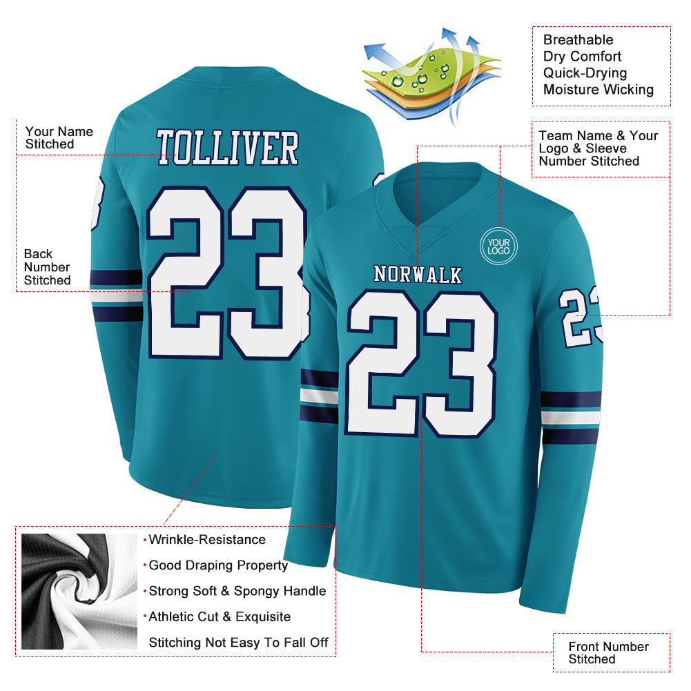 Custom Teal White-Navy Long Sleeve Authentic Football Jersey