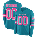 Custom Teal Pink-White Long Sleeve Authentic Football Jersey
