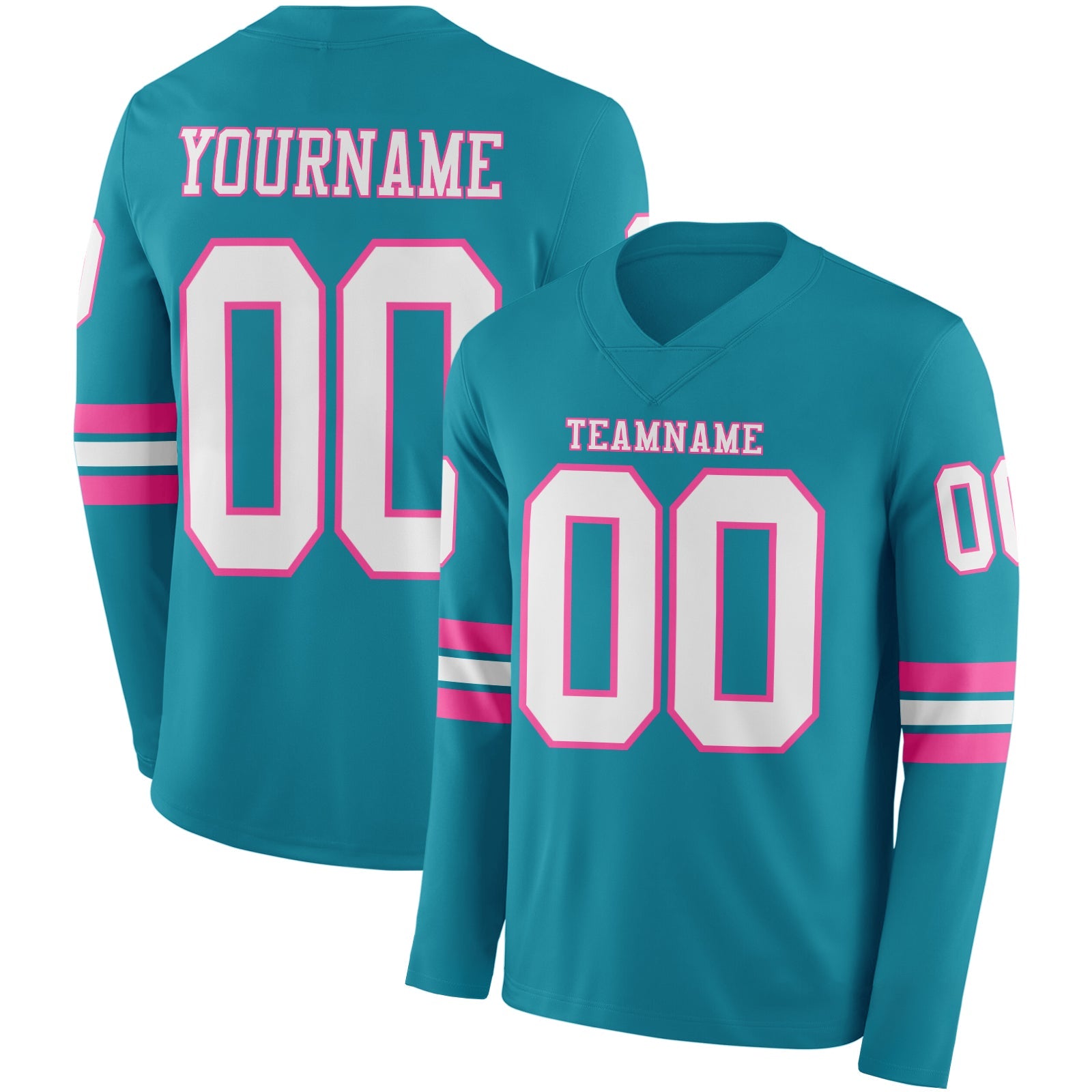 Custom Teal White-Pink Long Sleeve Authentic Football Jersey