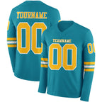 Custom Teal Gold-White Long Sleeve Authentic Football Jersey