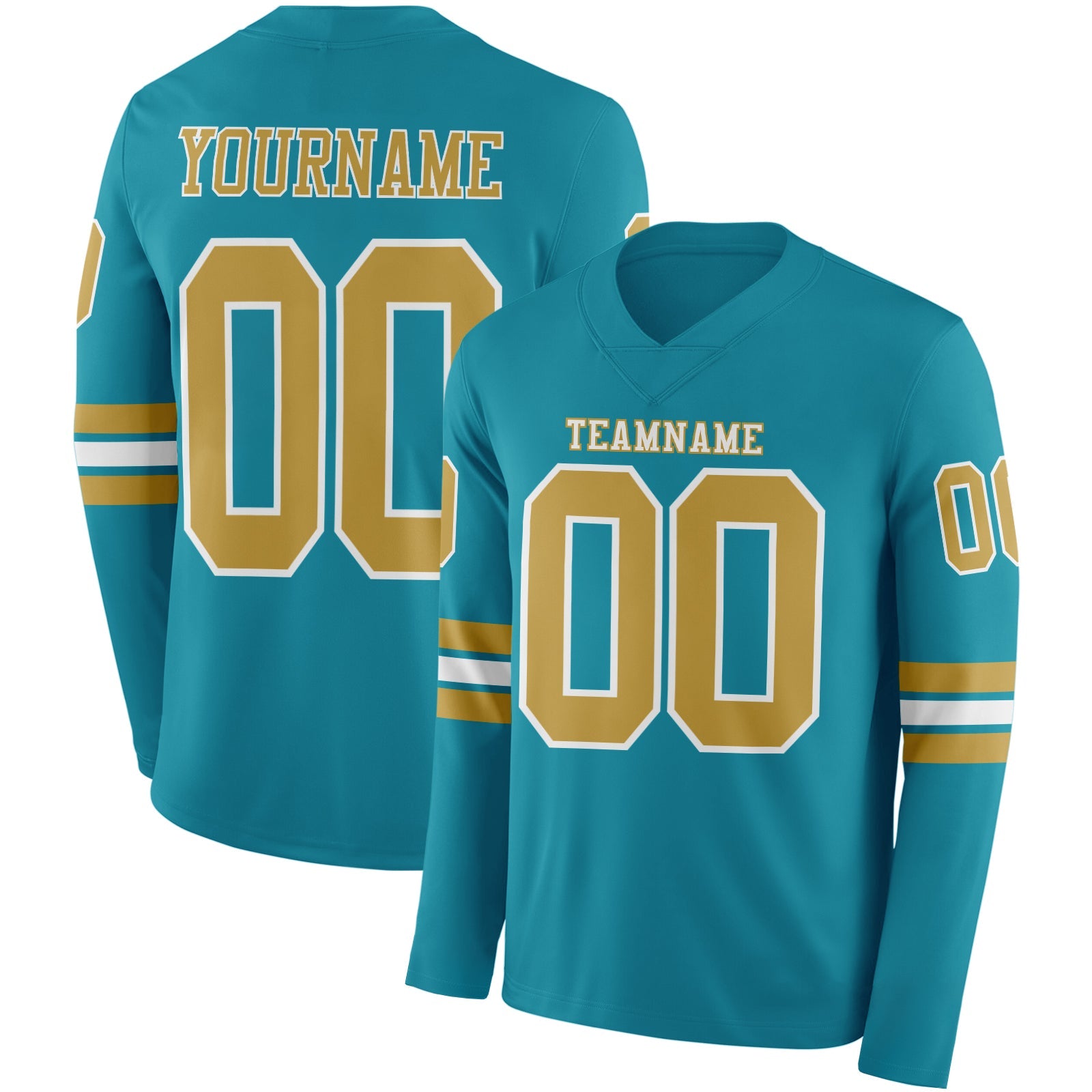 Custom Teal Old Gold-White Long Sleeve Authentic Football Jersey