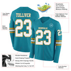 Custom Teal White-Old Gold Long Sleeve Authentic Football Jersey