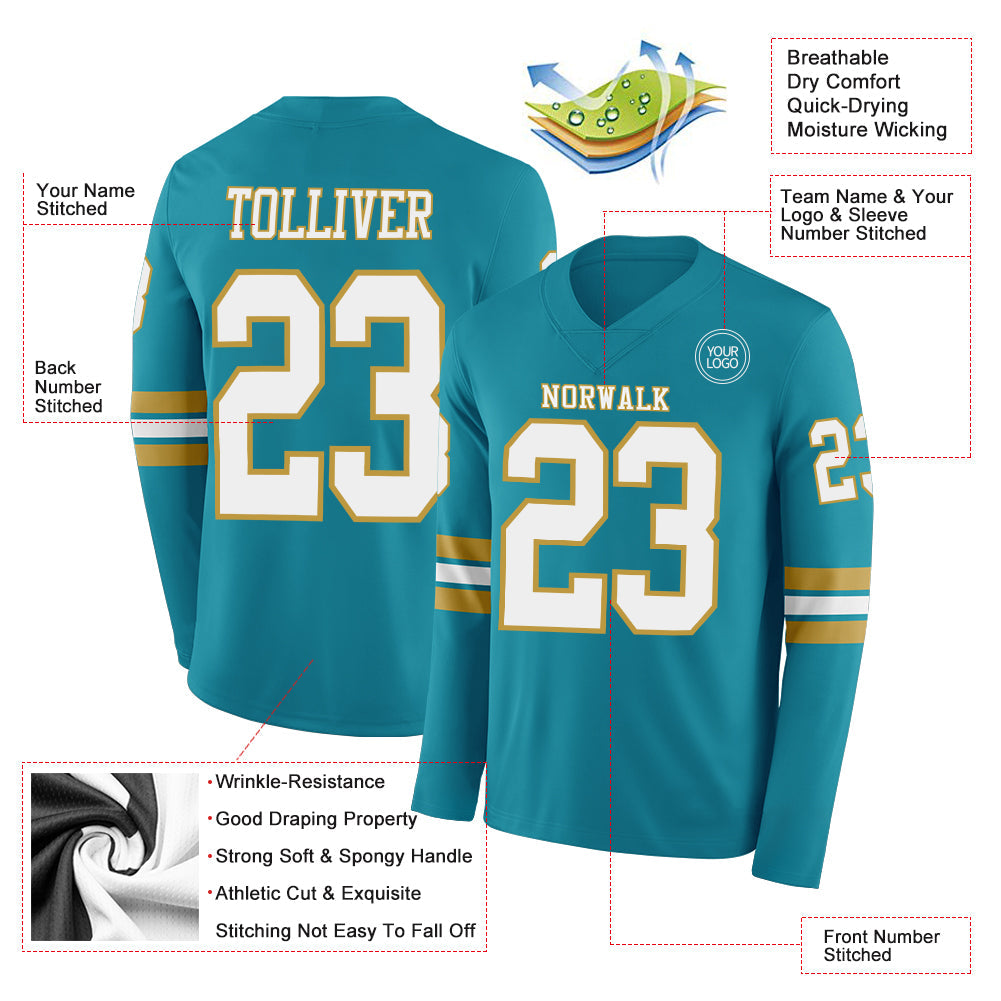 Custom Teal White-Old Gold Long Sleeve Authentic Football Jersey