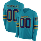 Custom Teal Navy-Old Gold Long Sleeve Authentic Football Jersey