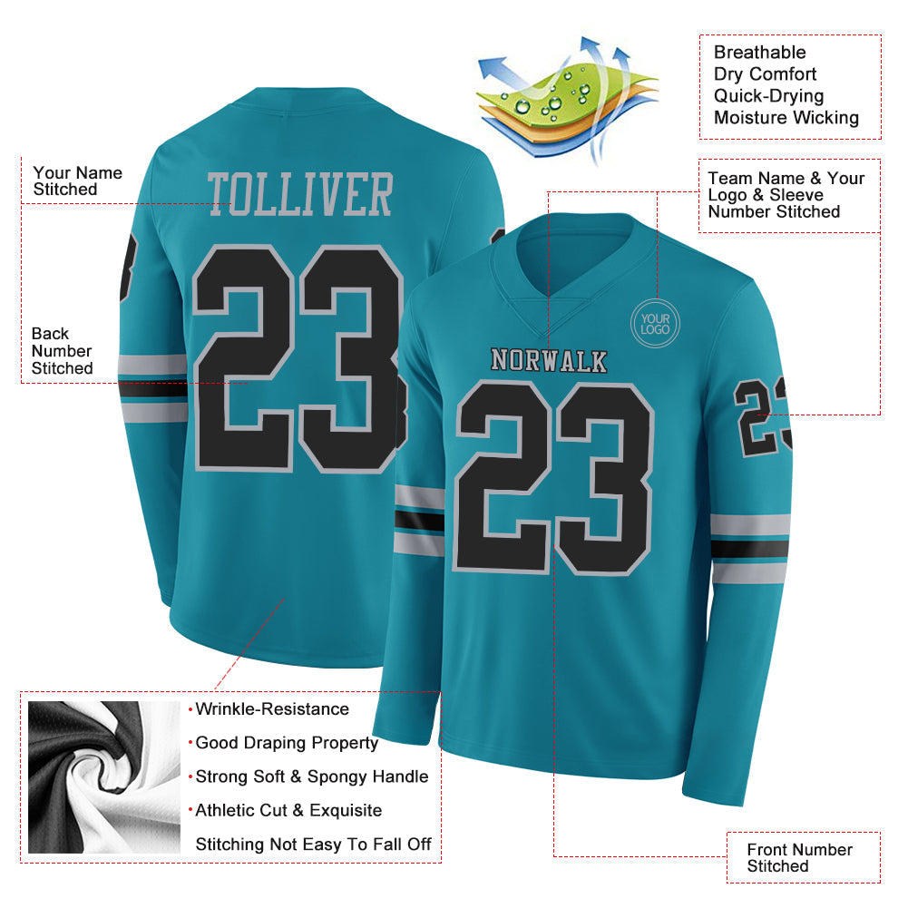 Custom Teal Black-Gray Long Sleeve Authentic Football Jersey
