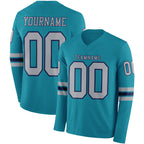 Custom Teal Gray-Navy Long Sleeve Authentic Football Jersey