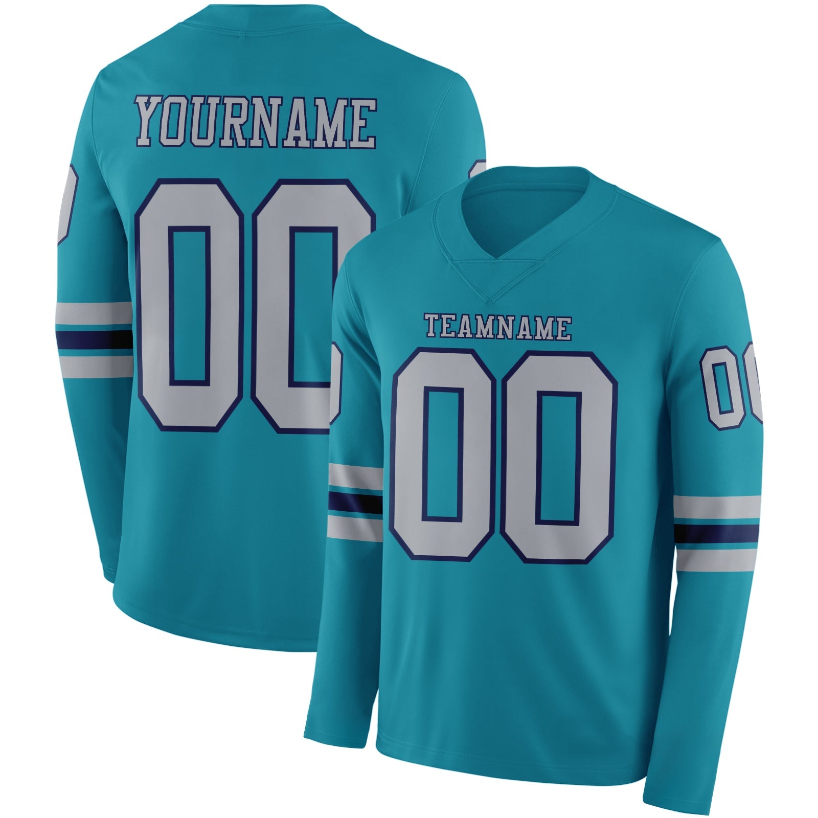 Custom Teal Gray-Navy Long Sleeve Authentic Football Jersey