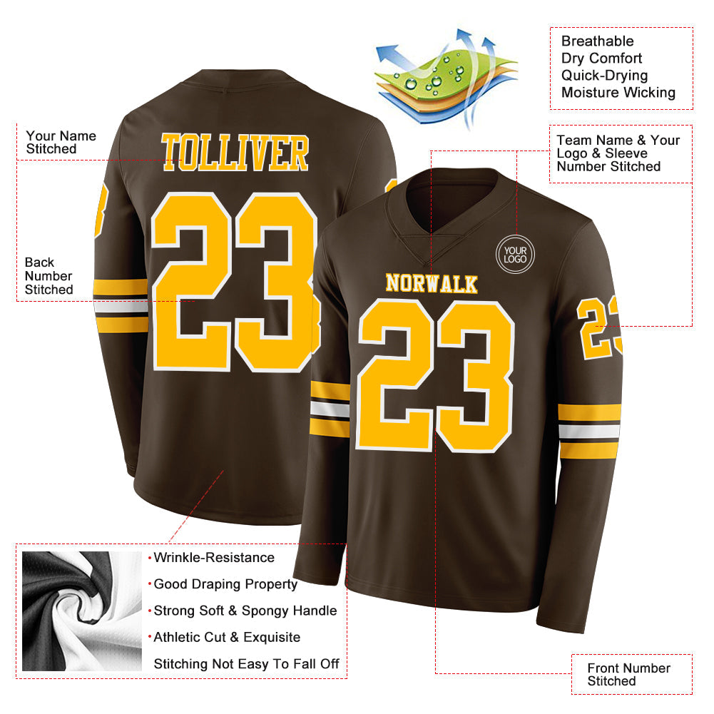 Custom Brwon Gold-White Long Sleeve Authentic Football Jersey