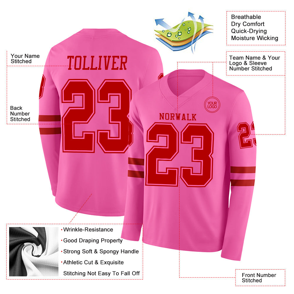 Custom Pink Red Long Sleeve Authentic Football Jersey