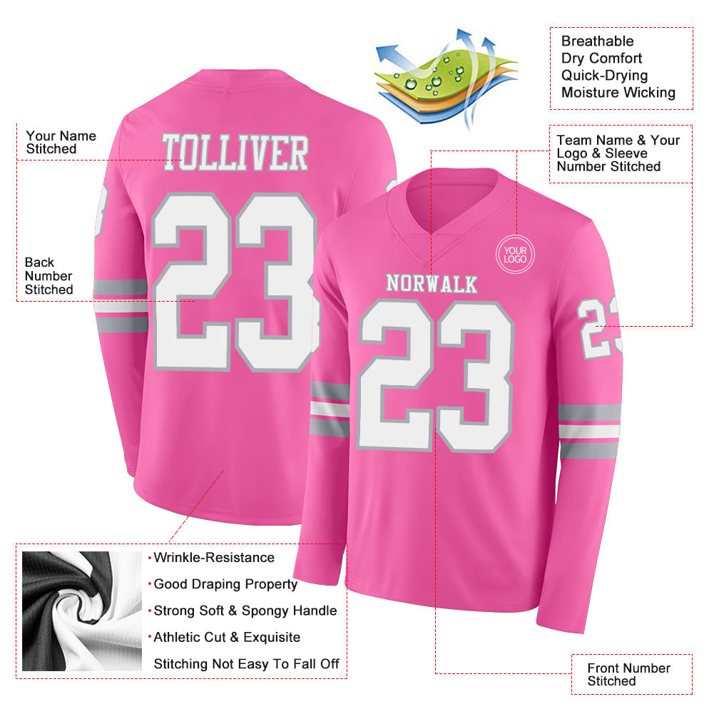 Custom Pink White-Gray Long Sleeve Authentic Football Jersey