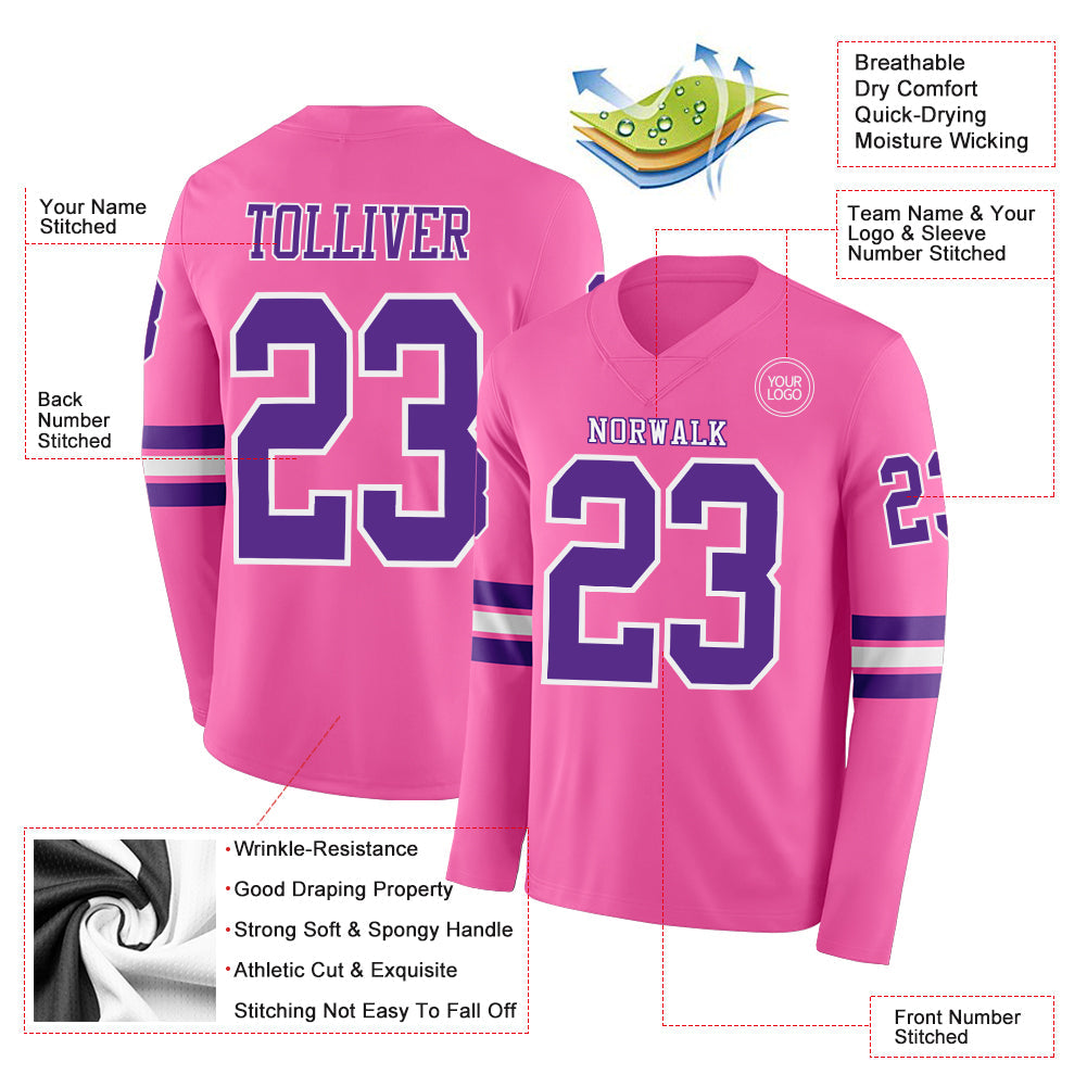 Custom Pink Purple-White Long Sleeve Authentic Football Jersey