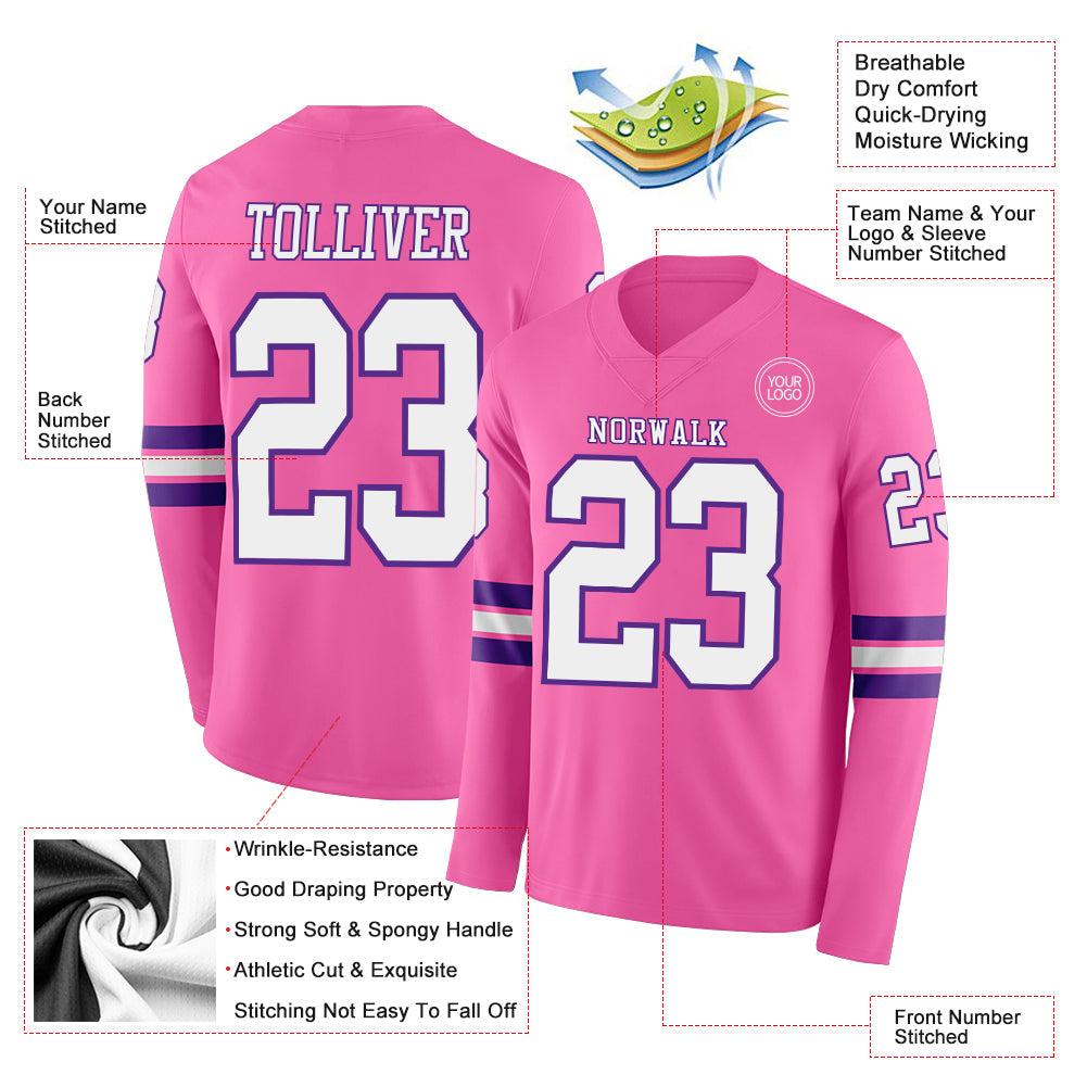 Custom Pink White-Purple Long Sleeve Authentic Football Jersey