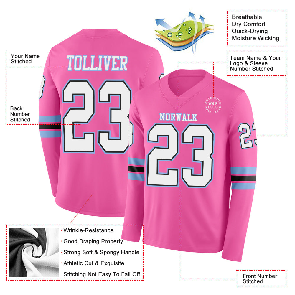 Custom Pink White Black-Light Blue Long Sleeve Authentic Football Jersey