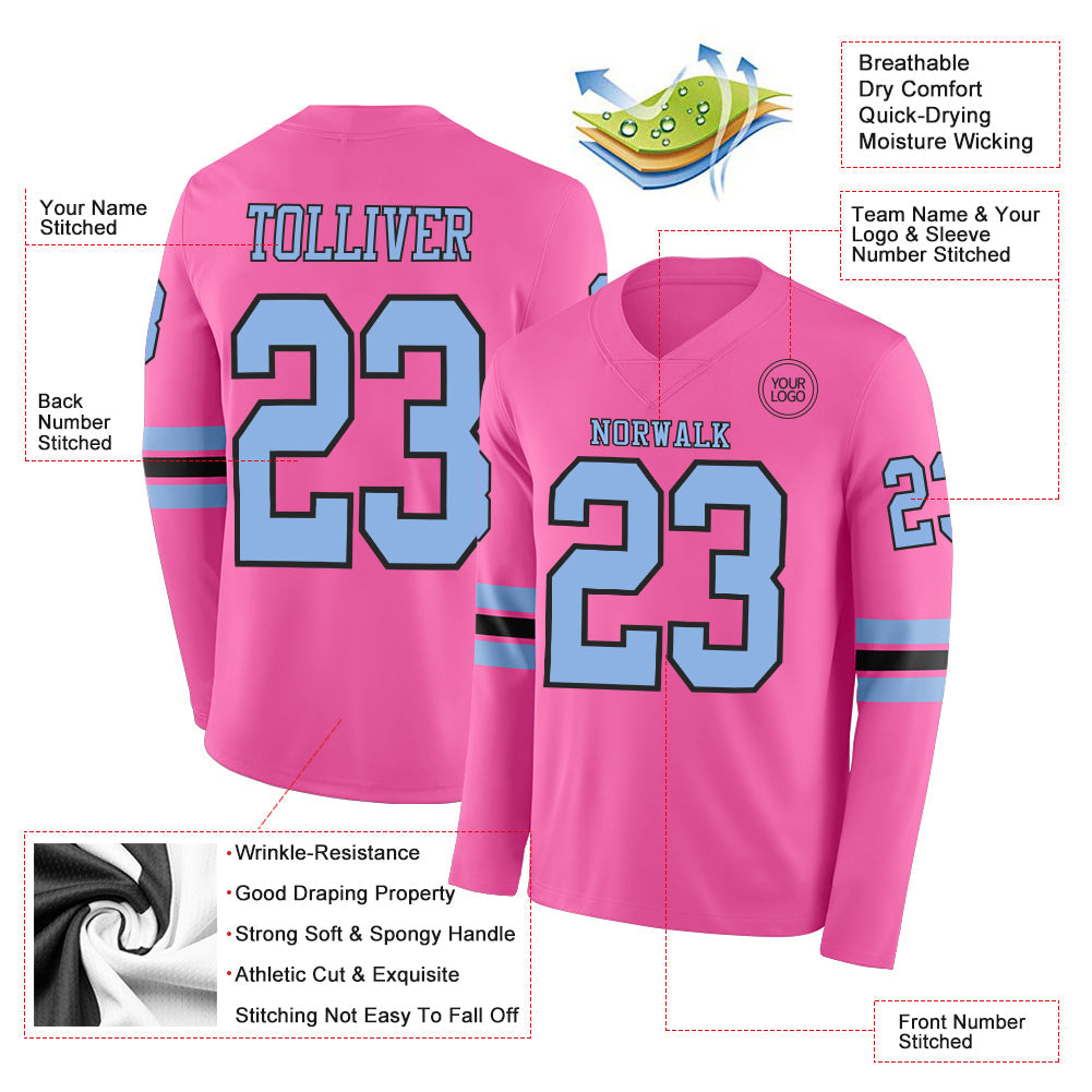 Custom Pink Light Blue-Black Long Sleeve Authentic Football Jersey