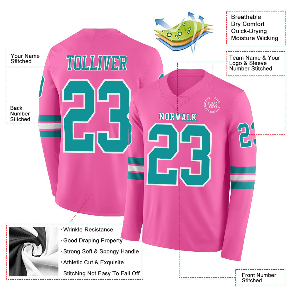 Custom Pink Teal-White Long Sleeve Authentic Football Jersey