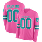 Custom Pink Teal-White Long Sleeve Authentic Football Jersey