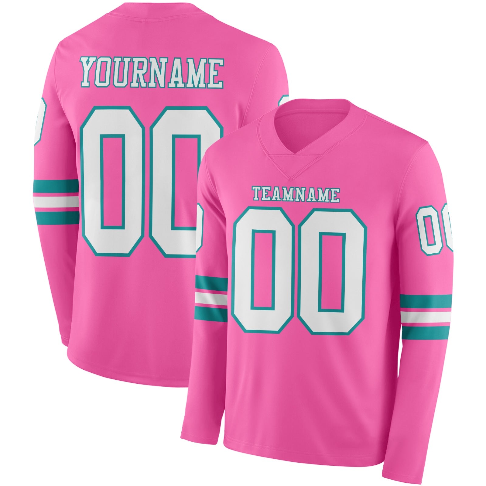 Custom Pink White-Teal Long Sleeve Authentic Football Jersey