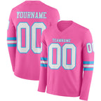 Custom Pink White-Sky Blue Long Sleeve Authentic Football Jersey