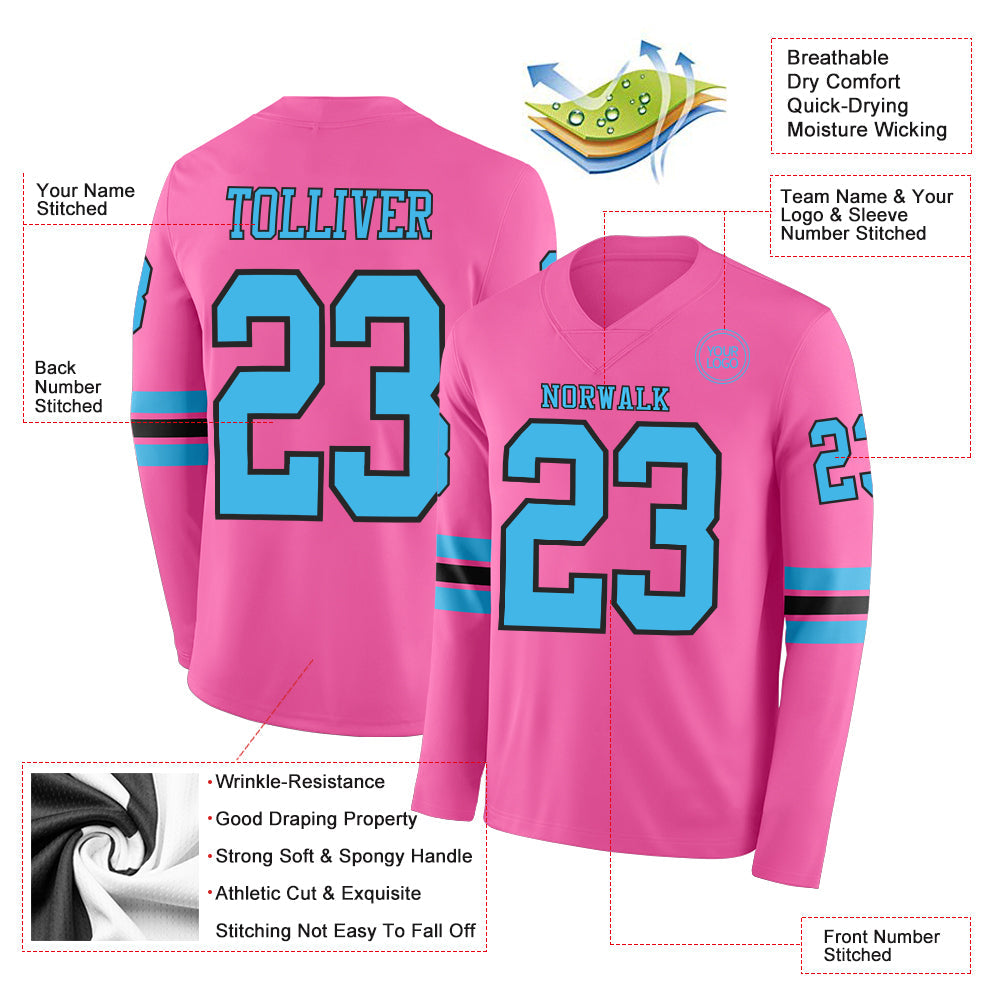 Custom Pink Sky Blue-Black Long Sleeve Authentic Football Jersey