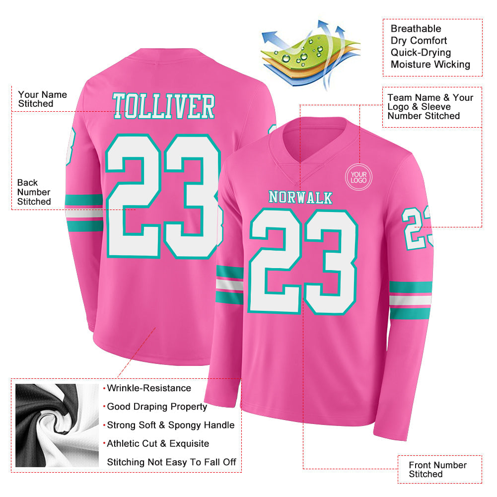 Custom Pink White-Aqua Long Sleeve Authentic Football Jersey