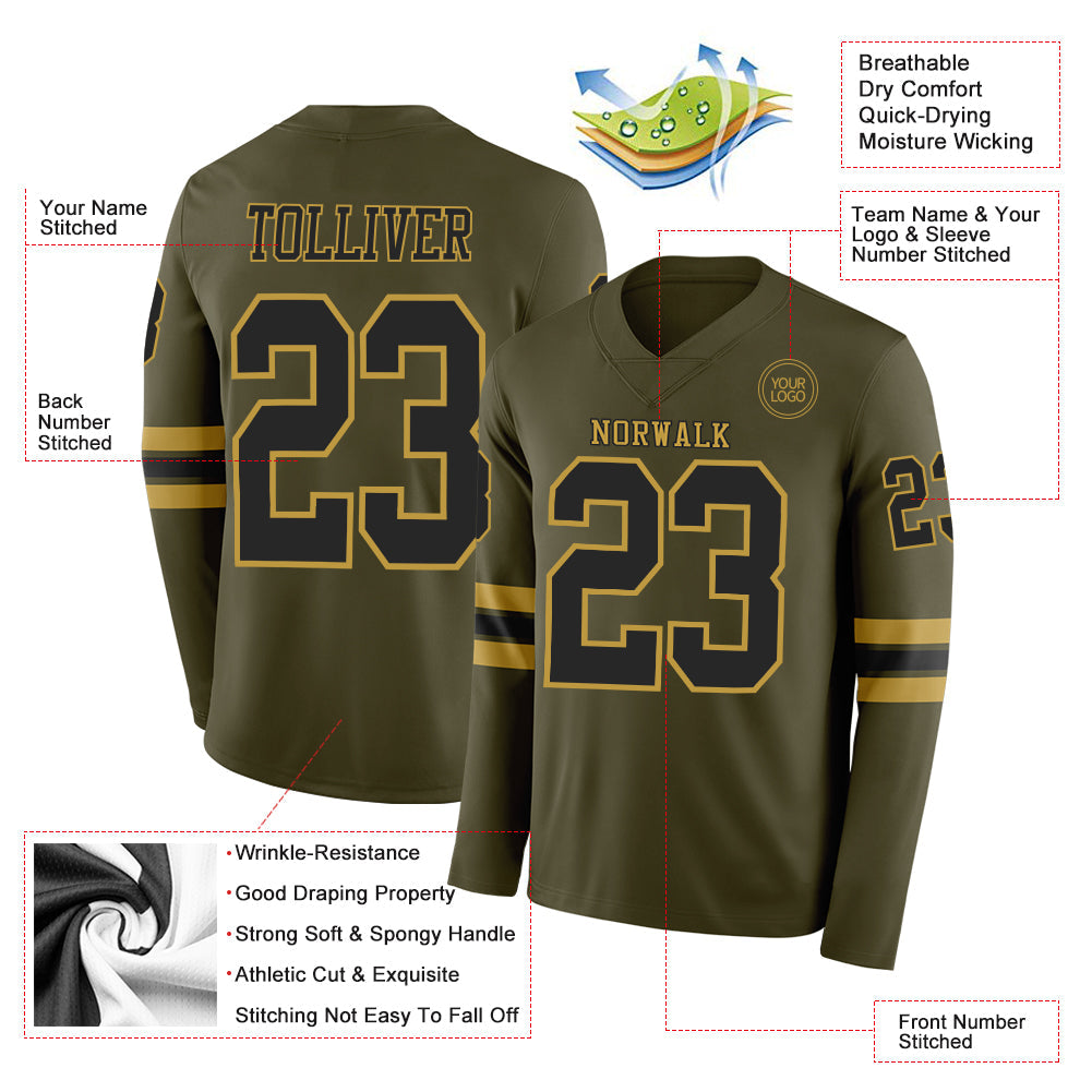 Custom Olive Black-Old Gold Long Sleeve Salute To Service Authentic Football Jersey