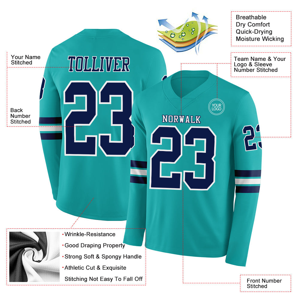 Custom Aqua Navy-White Long Sleeve Authentic Football Jersey