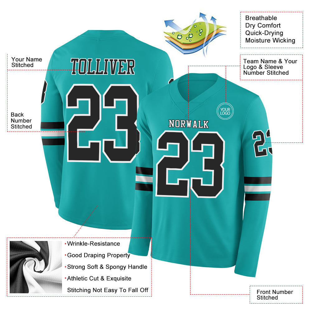 Custom Aqua Black-White Long Sleeve Authentic Football Jersey