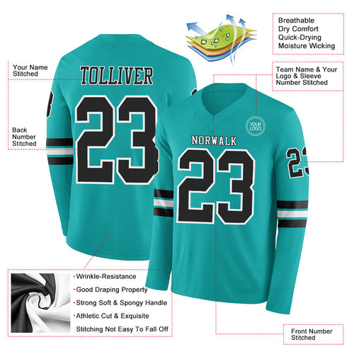 Custom Aqua Black-White Long Sleeve Authentic Football Jersey