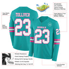 Custom Aqua White-Pink Long Sleeve Authentic Football Jersey