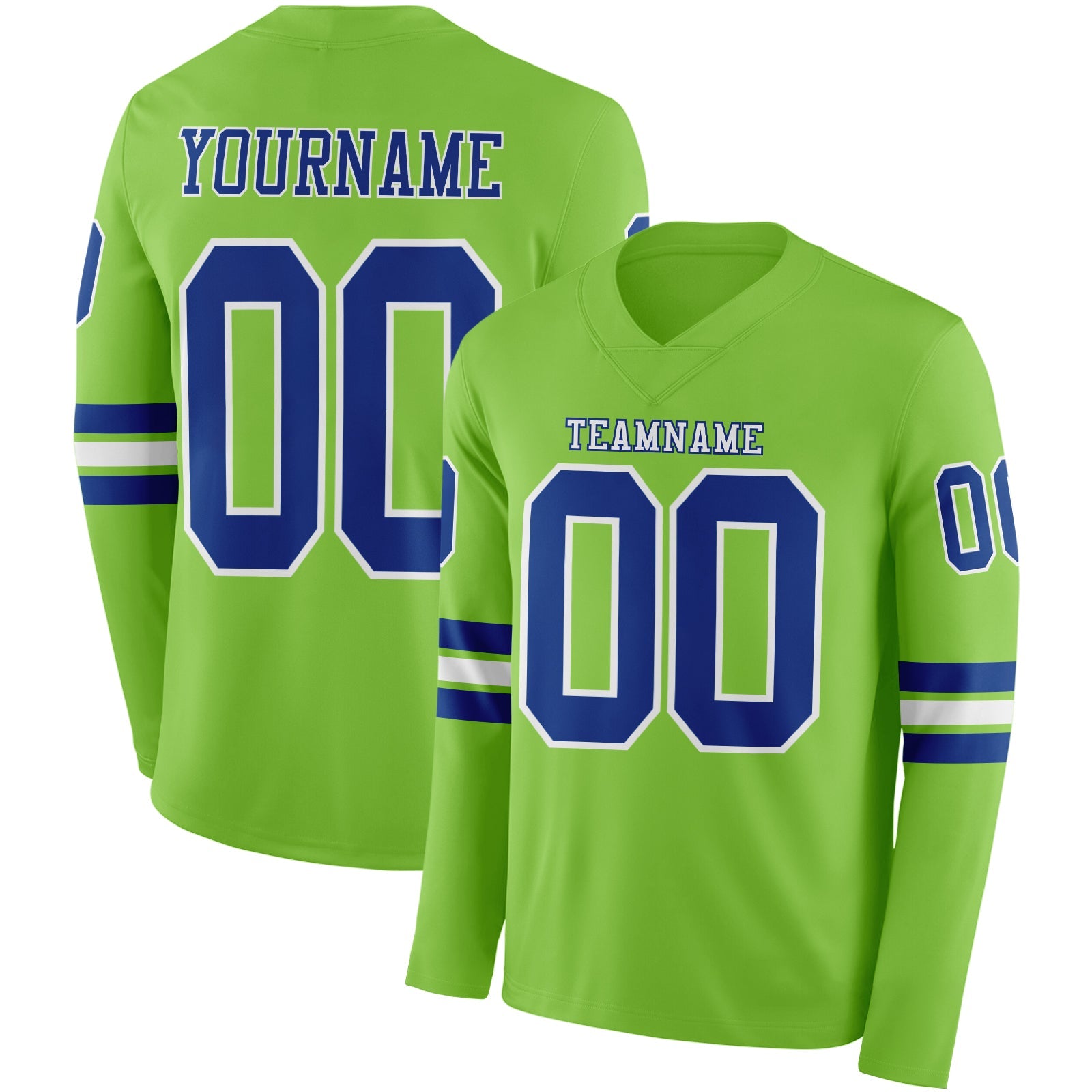 Custom Neon Green Royal-White Long Sleeve Authentic Football Jersey