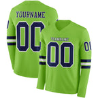 Custom Neon Green Navy-White Long Sleeve Authentic Football Jersey